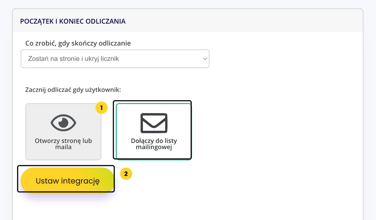 Krok 3 w beTiMES, kafelek Dołączy do listy mailingowej i przycisk Ustaw integrację