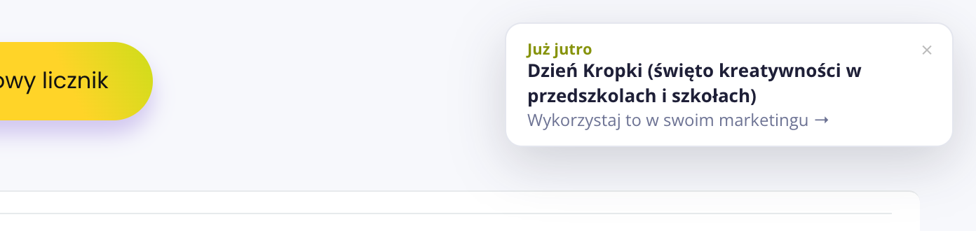 Dymek w panelu beTiMES z przypomnieniem o okazji: Już jutro Dzień Kropki