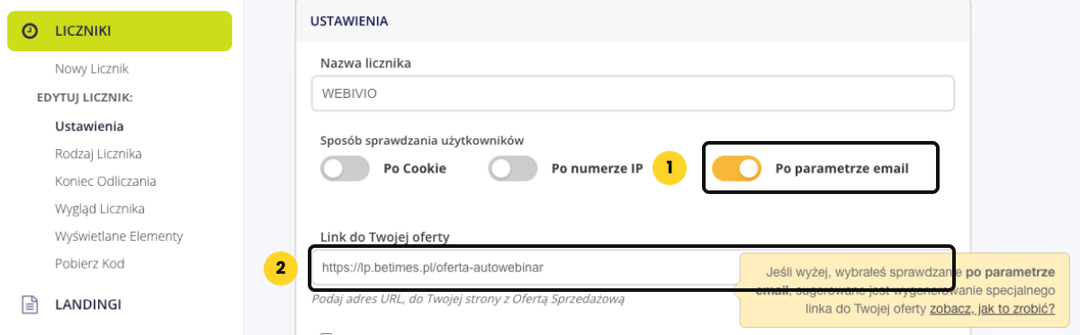 Krok 1 licznika beTiMES: sprawdzanie po parametrze email i link do oferty