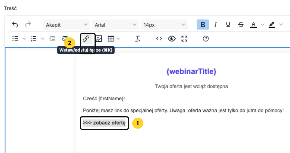 Zaznaczony tekst w mailu Webivio i ikona Wstaw lub edytuj łącze