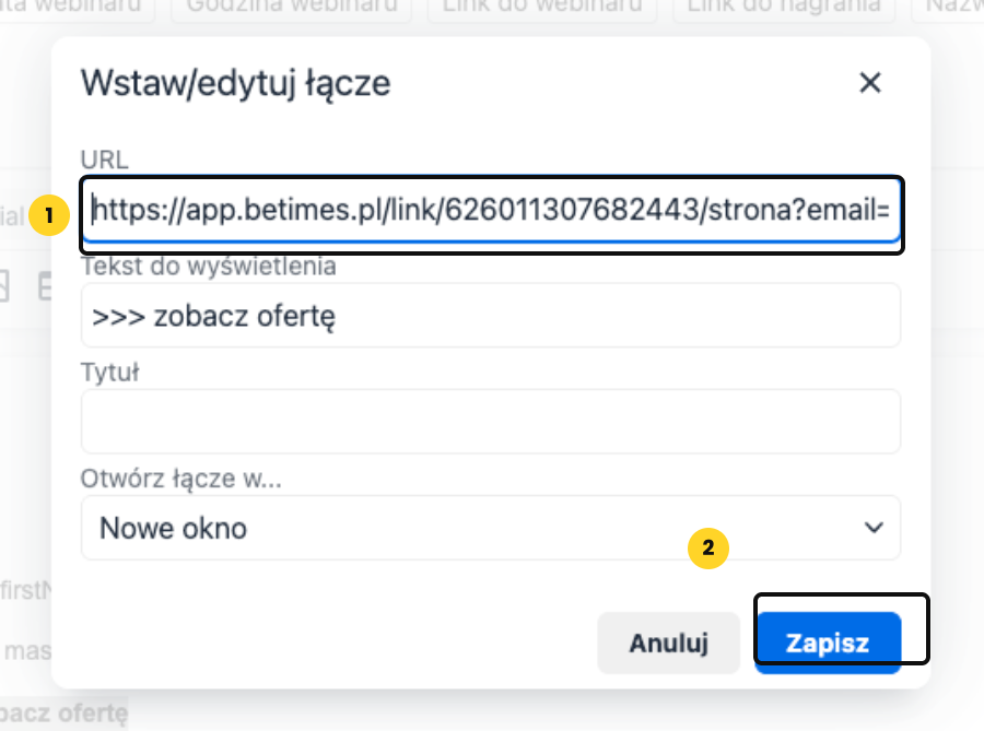 Okno Wstaw lub edytuj łącze w Webivio z wklejonym specjalnym linkiem