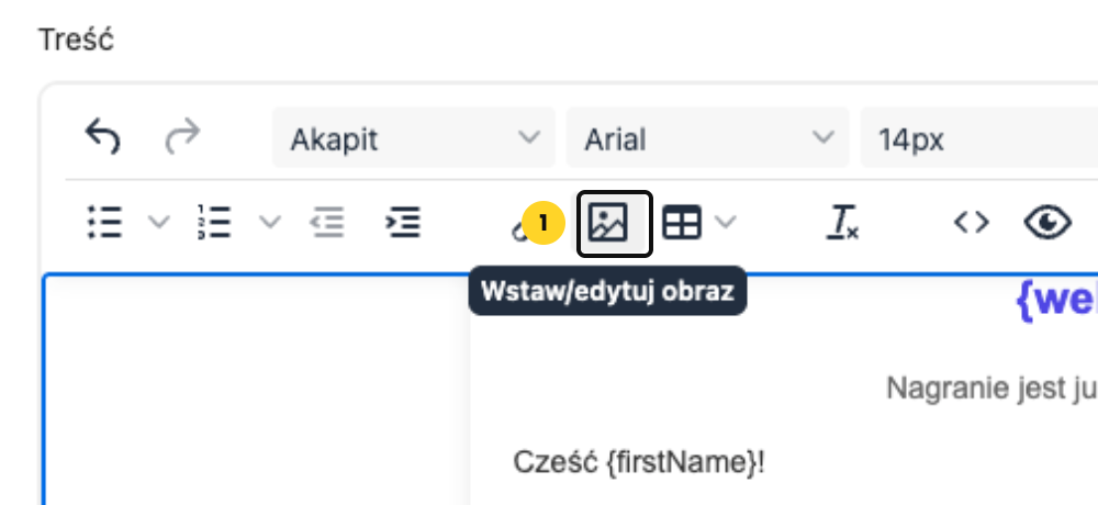 Pasek narzędzi edytora maila w Webivio z ikoną Wstaw lub edytuj obraz