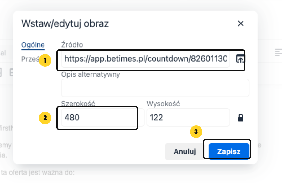 Okno Wstaw lub edytuj obraz w Webivio z adresem licznika i szerokością 480