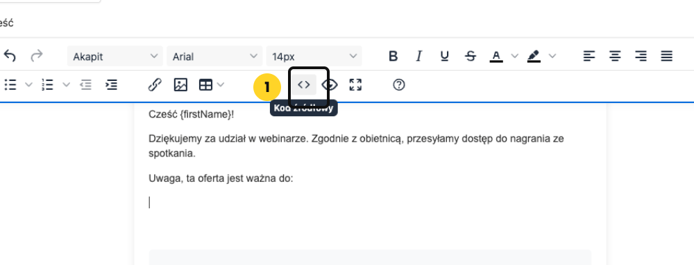 Pasek narzędzi edytora maila w Webivio z ikoną Kod źródłowy