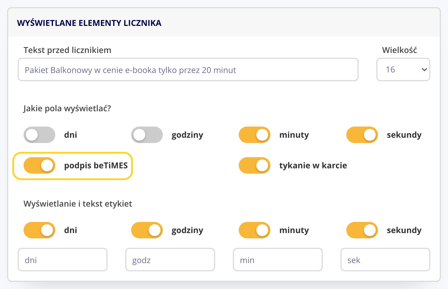 Przełącznik podpis beTiMES w kroku Wyświetlane elementy