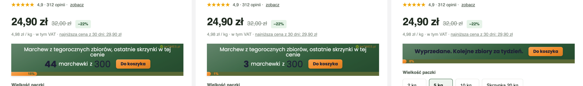 Licznik ilościowy: 44 sztuki, 3 sztuki i komunikat po wyczerpaniu