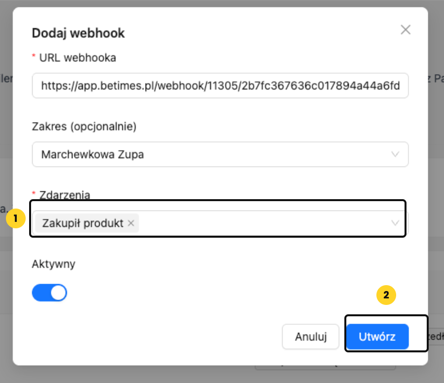 Okno Dodaj webhook w Webivio ze zdarzeniem Zakupił produkt