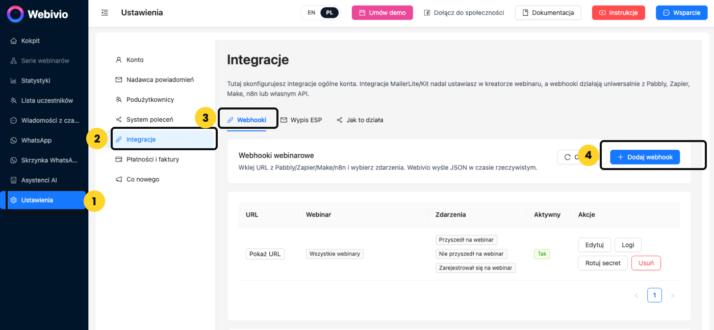 Webivio, Ustawienia, Integracje, zakładka Webhooki i przycisk Dodaj webhook