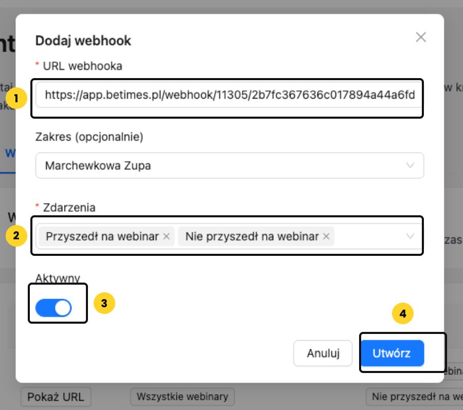 Okno Dodaj webhook w Webivio z polem URL, zdarzeniami i przyciskiem Utwórz